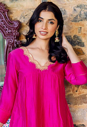 Embroidered Neckline Chanderi Straight Kurta Set in Fuchsia