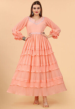 Embroidered Neckline Chiffon Tiered Long Dress in Peach