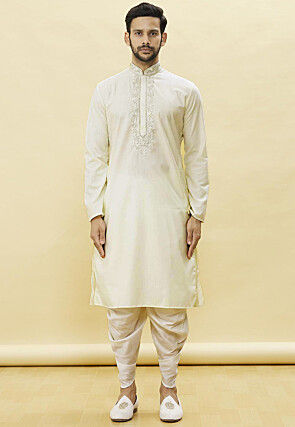 Embroidered Neckline Cotton Dhoti Kurta in Cream