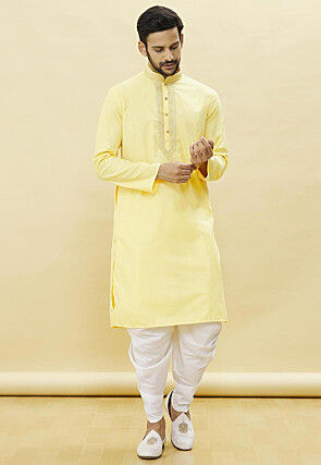 Embroidered Neckline Cotton Kurta Dhoti Set in Light Yellow