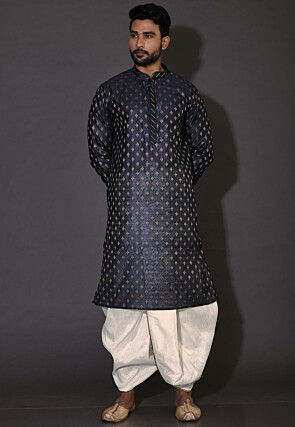 Embroidered Neckline Cotton Silk Dhoti Kurta in Navy Blue