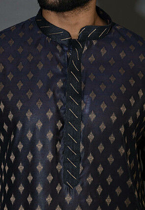 Embroidered Neckline Cotton Silk Dhoti Kurta in Navy Blue