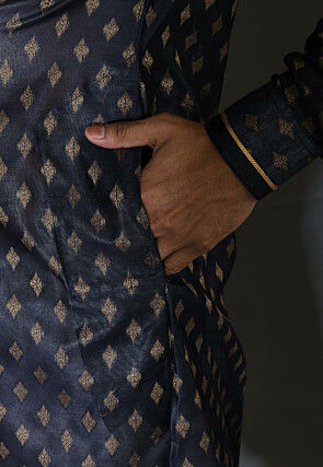 Embroidered Neckline Cotton Silk Dhoti Kurta in Navy Blue