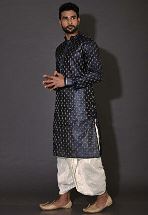 Embroidered Neckline Cotton Silk Dhoti Kurta in Navy Blue