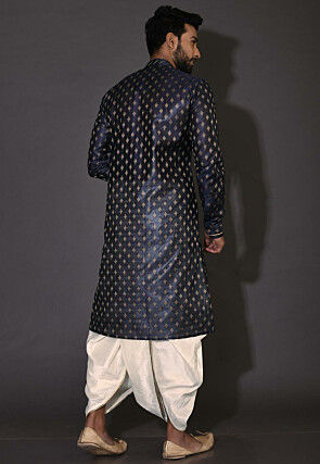 Embroidered Neckline Cotton Silk Dhoti Kurta in Navy Blue