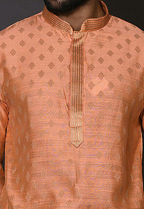 Embroidered Neckline Cotton Silk Jacquard Dhoti Kurta in Peach