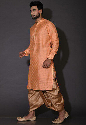 Embroidered Neckline Cotton Silk Jacquard Dhoti Kurta in Peach