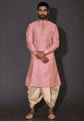 Embroidered Neckline Cotton Silk Jacquard Dhoti Kurta in Pink