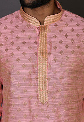 Embroidered Neckline Cotton Silk Jacquard Dhoti Kurta in Pink