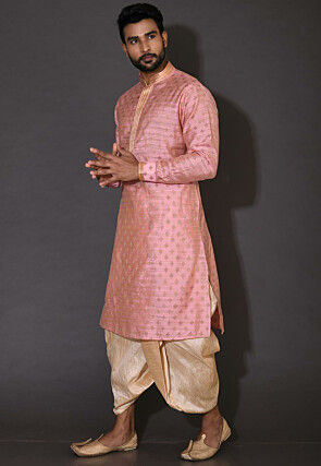 Embroidered Neckline Cotton Silk Jacquard Dhoti Kurta in Pink
