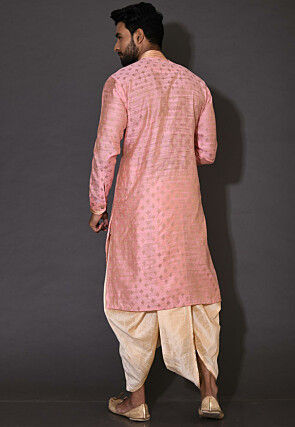Embroidered Neckline Cotton Silk Jacquard Dhoti Kurta in Pink