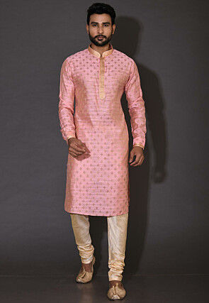 Embroidered Neckline Cotton Silk Jacquard Kurta in Pink
