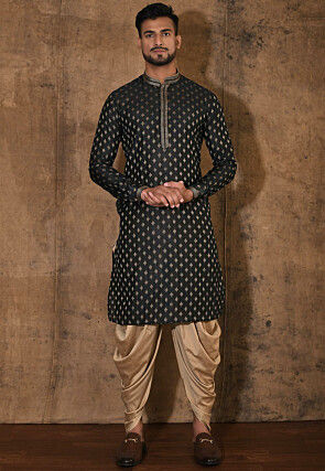 Embroidered Neckline Cotton Silk Jacquard Kurta Set in Black