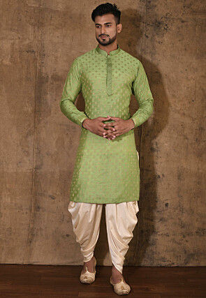 Embroidered Neckline Cotton Silk Jacquard Kurta Set in Green