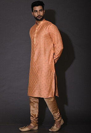 Embroidered Neckline Cotton Silk Jacquard Kurta Set in Peach