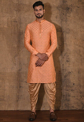 Embroidered Neckline Cotton Silk Jacquard Kurta Set in Peach