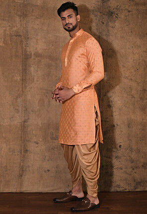 Embroidered Neckline Cotton Silk Jacquard Kurta Set in Peach