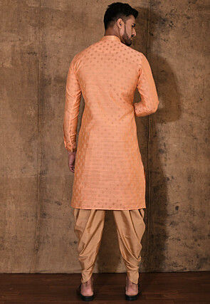 Embroidered Neckline Cotton Silk Jacquard Kurta Set in Peach