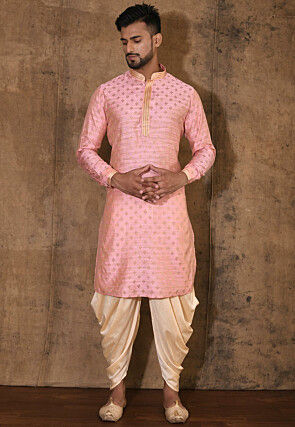 Embroidered Neckline Cotton Silk Jacquard Kurta Set in Pink