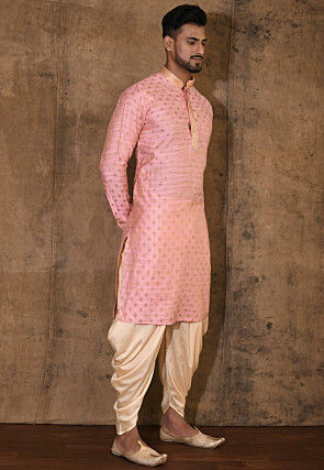 Embroidered Neckline Cotton Silk Jacquard Kurta Set in Pink