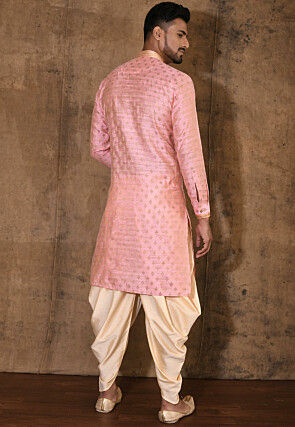 Embroidered Neckline Cotton Silk Jacquard Kurta Set in Pink
