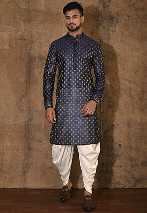 Embroidered Neckline Cotton Silk Kurta Set in Navy Blue