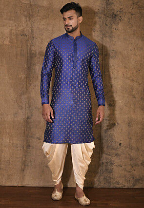 Embroidered Neckline Cotton Silk Kurta Set in Royal Blue