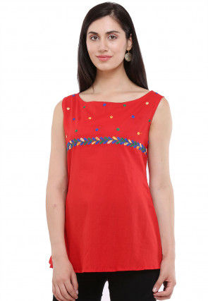 Embroidered Neckline Cotton Top in Red