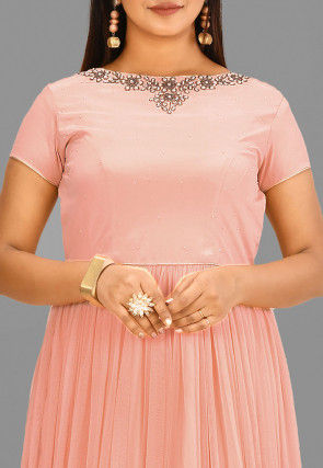 Embroidered Neckline Crepe and Net Gown in Peach