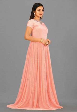 Embroidered Neckline Crepe and Net Gown in Peach