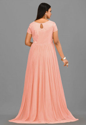 Embroidered Neckline Crepe and Net Gown in Peach