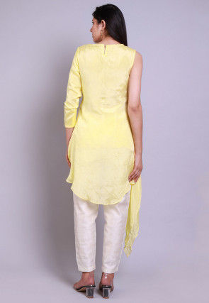 Embroidered Neckline Crepe Asymmetric Tunic Set in Yellow