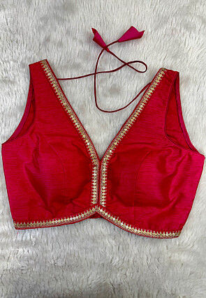 Embroidered Neckline Dupion Silk Blouse in Fuchsia