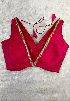 Embroidered Neckline Dupion Silk Blouse in Fuchsia