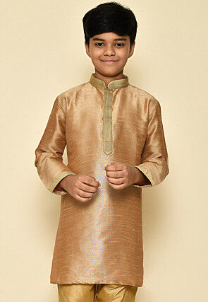 Embroidered Neckline Dupion Silk Kurta in Dark Beige