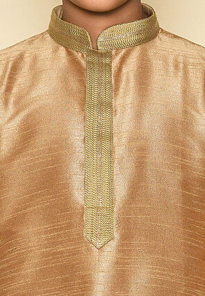 Embroidered Neckline Dupion Silk Kurta in Dark Beige