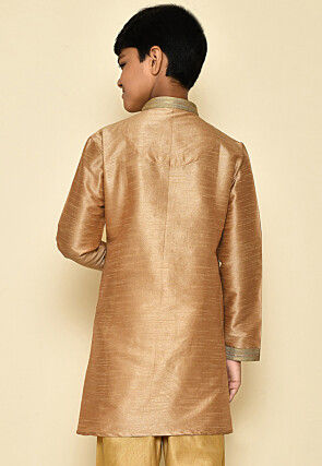 Embroidered Neckline Dupion Silk Kurta in Dark Beige