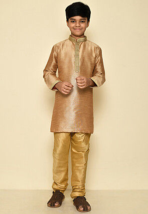 Embroidered Neckline Dupion Silk Kurta in Dark Beige