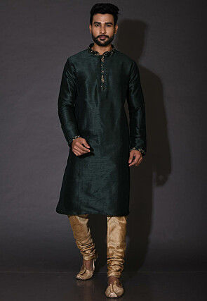 Embroidered Neckline Dupion Silk Kurta in Dark Green