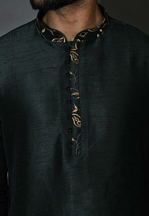 Embroidered Neckline Dupion Silk Kurta in Dark Green