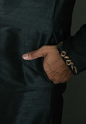 Embroidered Neckline Dupion Silk Kurta in Dark Green