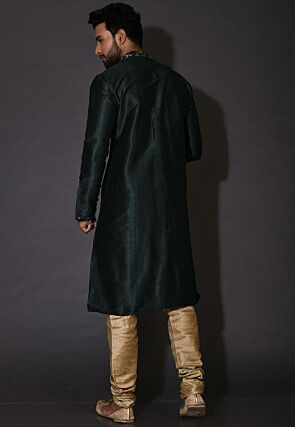 Embroidered Neckline Dupion Silk Kurta in Dark Green