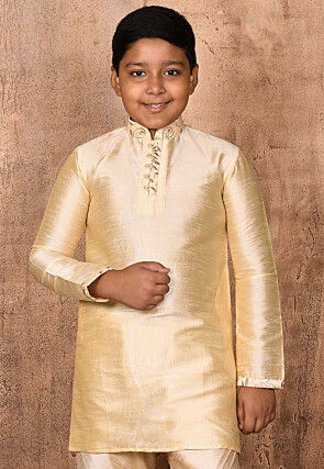 Embroidered Neckline Dupion Silk Kurta in Light Beige