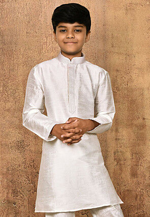 Embroidered Neckline Dupion Silk Kurta in Off White