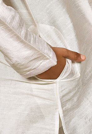 Embroidered Neckline Dupion Silk Kurta in Off White