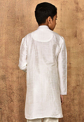 Embroidered Neckline Dupion Silk Kurta in Off White