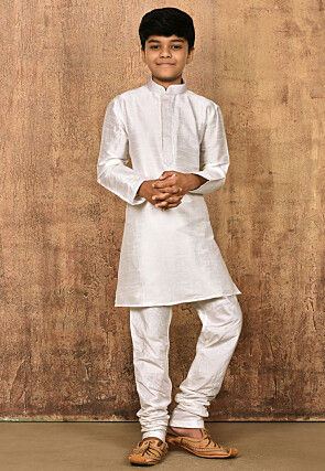Embroidered Neckline Dupion Silk Kurta in Off White