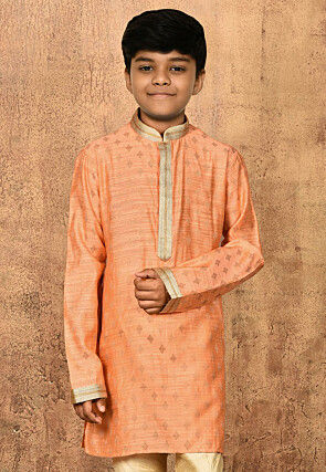 Embroidered Neckline Dupion Silk Kurta in Peach