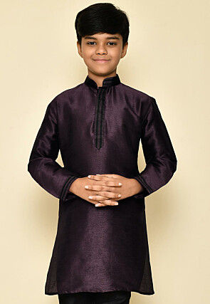 Embroidered Neckline Dupion Silk Kurta in Wine