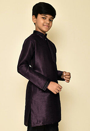 Embroidered Neckline Dupion Silk Kurta in Wine